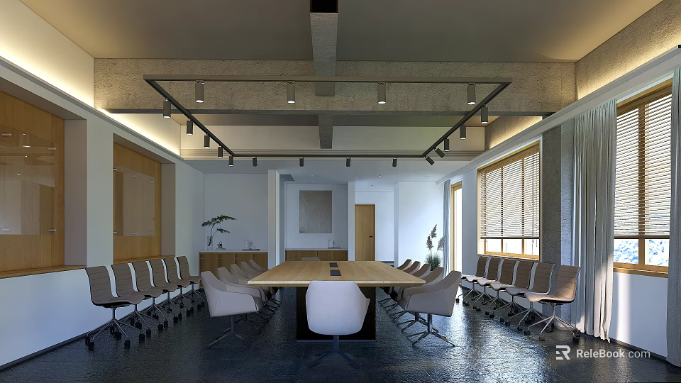 Modern Conference Room Interior With Long Table Chairs Lighting And Windows With Blinds 3d model