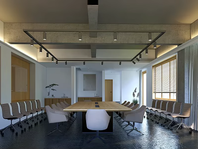 Modern Conference Room Interior With Long Table Chairs Lighting And Windows With Blinds 3d model