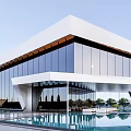Modern Sales Office Building With Glass Curtain Wall Metal Supports And Front Water Pool