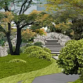Garden Landscape Design with Lush Trees Rocks Waterfall Pavilion and Green Lawn