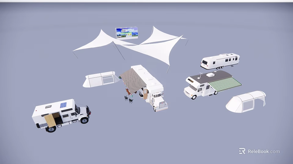 Various Recreational Vehicles With Camping Gear And Canopies For Outdoor Travel 3d model 