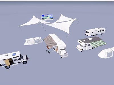 Various Recreational Vehicles With Camping Gear And Canopies For Outdoor Travel 3d model