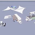 Various Recreational Vehicles With Camping Gear And Canopies For Outdoor Travel
