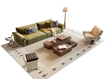 Green Velvet Sofa with Patterned Pillows and Modular Wooden Coffee Table Set on Striped Rug 3d model