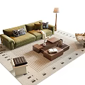 Green Velvet Sofa with Patterned Pillows and Modular Wooden Coffee Table Set on Striped Rug