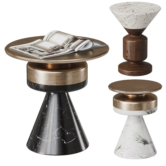 Stylish Modern Side Tables With Round Marble Tops Metal Wooden Bases And Magazine Decor 3d model 