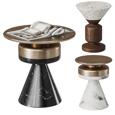 Stylish Modern Side Tables With Round Marble Tops Metal Wooden Bases And Magazine Decor 3d model