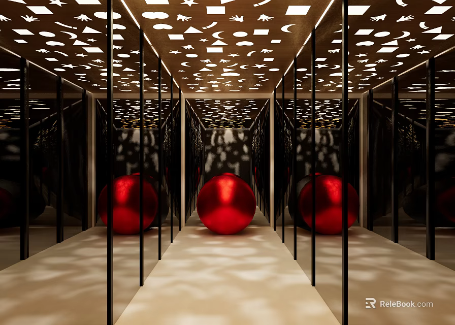 Modern Ceiling with Cutout Geometric Patterns Lighting and Red Spheres Reflecting on Black Mirrored Walls 3d model 