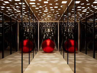 Modern Ceiling with Cutout Geometric Patterns Lighting and Red Spheres Reflecting on Black Mirrored Walls 3d model