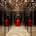 Modern Ceiling with Cutout Geometric Patterns Lighting and Red Spheres Reflecting on Black Mirrored Walls