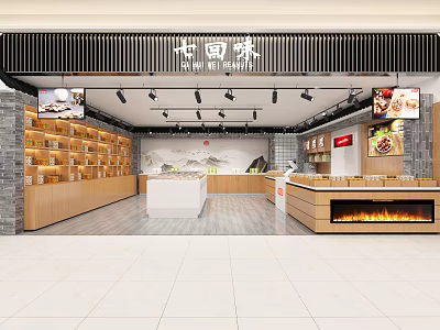 Seven Flavors Specialty Store Interior With Brick Walls Wooden Shelves Counter And Food Displays 3d model