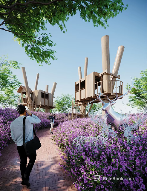Road Facilities In Purple Flower Field With Wooden Viewing Platforms Metal Deer Sculptures Surrounding Trees 3d model 