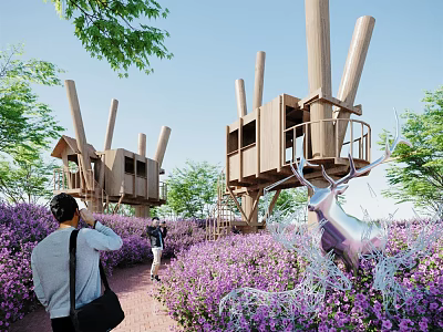 Road Facilities In Purple Flower Field With Wooden Viewing Platforms Metal Deer Sculptures Surrounding Trees 3d model