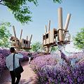 Road Facilities In Purple Flower Field With Wooden Viewing Platforms Metal Deer Sculptures Surrounding Trees