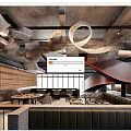 Industrial Café Interior With Concrete Ceiling Spiral Staircase And Unique Lighting Fixtures