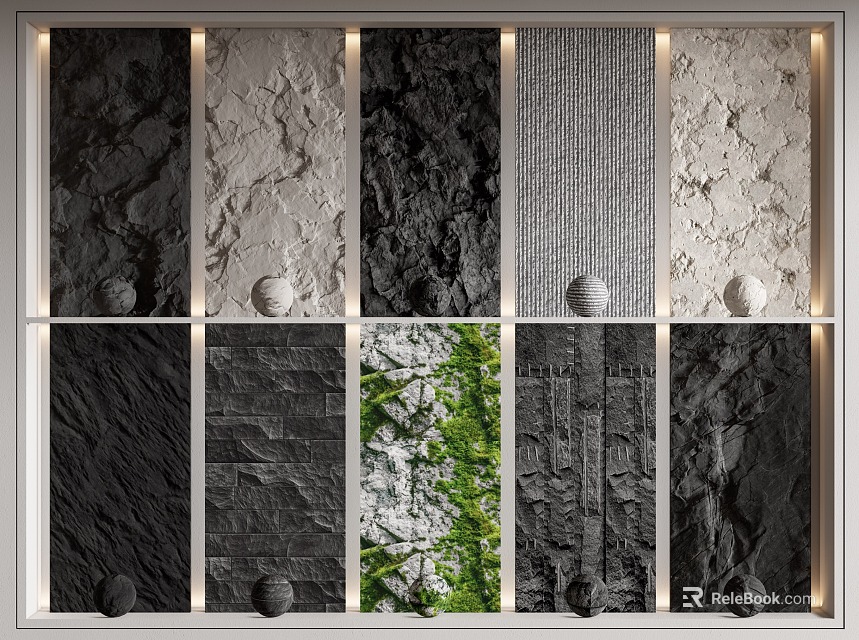 Natural Stone and Wood Texture Samples with Various Patterns in Display Frame 3d model 