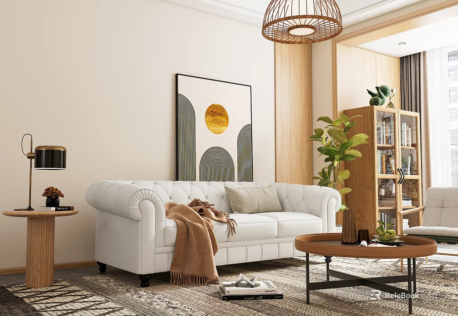 White Leather Three Seater Sofa With Brown Throw Blanket And Wooden Accents In Living Room 3d model 