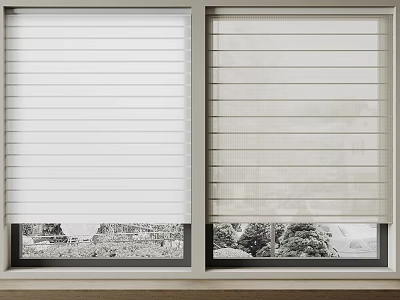 White Window Blinds Covering Home Windows With Beautiful Natural Outdoor View 3d model