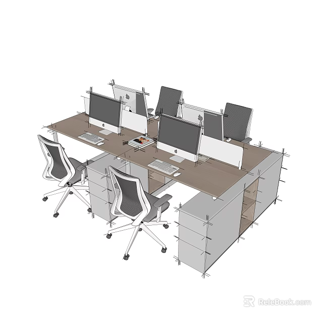 Modern Office Desk Setup With Multiple Computers Ergonomic Chairs And Dividers 3d model 