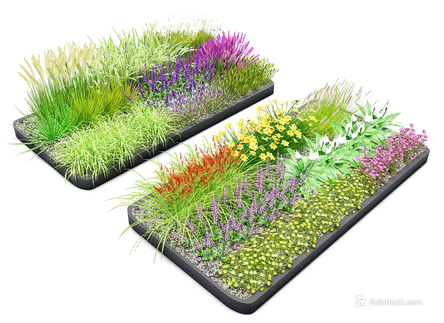 Outdoor Rectangular Flower Planters With Colorful Mixed Flowers And Greenery 3d model 