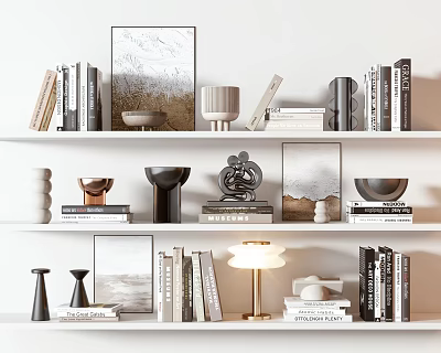 Stylish Decorative Ornament Set with Books Art Prints Sculptures and Vases on Shelves 3d model