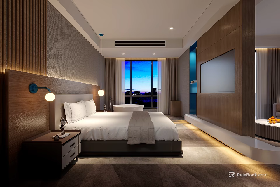 Modern Hotel Guest Room With King Bed Wooden Accents Large Windows City View And Wall Mounted TV 3d model 