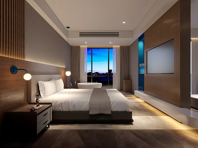 Modern Hotel Guest Room With King Bed Wooden Accents Large Windows City View And Wall Mounted TV 3d model