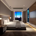 Modern Hotel Guest Room With King Bed Wooden Accents Large Windows City View And Wall Mounted TV
