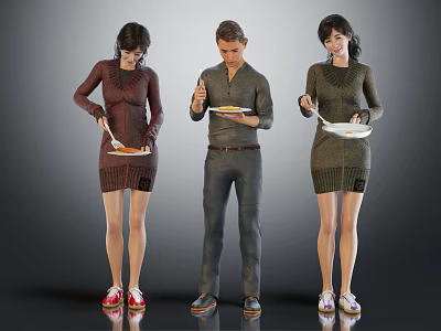 Three People Holding Plates And Spoons Standing And Eating On Gray Background 3d model