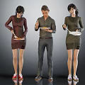 Three People Holding Plates And Spoons Standing And Eating On Gray Background