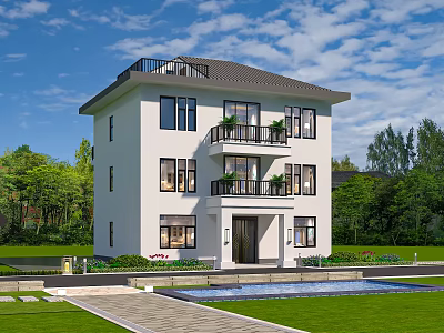 Three Story Detached Villa With White Exterior Balconies Lawn And Swimming Pool 3d model