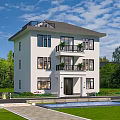 Three Story Detached Villa With White Exterior Balconies Lawn And Swimming Pool