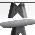 Modern Gray Dining Table Set With X Shaped Wooden Legs And Matching Marble Bench