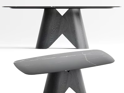 Modern Gray Dining Table Set With X Shaped Wooden Legs And Matching Marble Bench 3d model