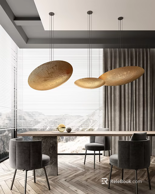 Modern Dining Table Set With Grey Chairs Golden Oval Pendant Lights And Large Window View 3d model 