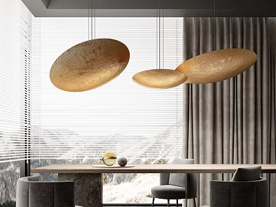 Modern Dining Table Set With Grey Chairs Golden Oval Pendant Lights And Large Window View 3d model