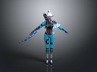 Woman In Blue Black Fantasy Outfit With White Hair And Decorative Sword 3d model