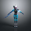 Woman In Blue Black Fantasy Outfit With White Hair And Decorative Sword