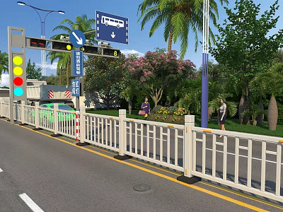 Urban Road Infrastructure With Traffic Lights Guardrails Directional Signs Street Lamps And Pedestrians 3d model