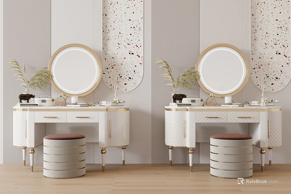 Elegant White Dressing Tables With Gold Framed Round Mirrors Upholstered Stools Striped Speckled Wall Panels 3d model 