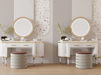 Elegant White Dressing Tables With Gold Framed Round Mirrors Upholstered Stools Striped Speckled Wall Panels 3d model