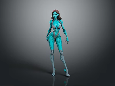 3D Female Character In Blue Bodysuit With Mechanical Lines Standing Pose And Long Hair 3d model