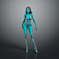 3D Female Character In Blue Bodysuit With Mechanical Lines Standing Pose And Long Hair