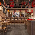 Traditional Chinese Restaurant Interior Design With Hanging Lanterns Wooden Tables Chairs And Mural Decor