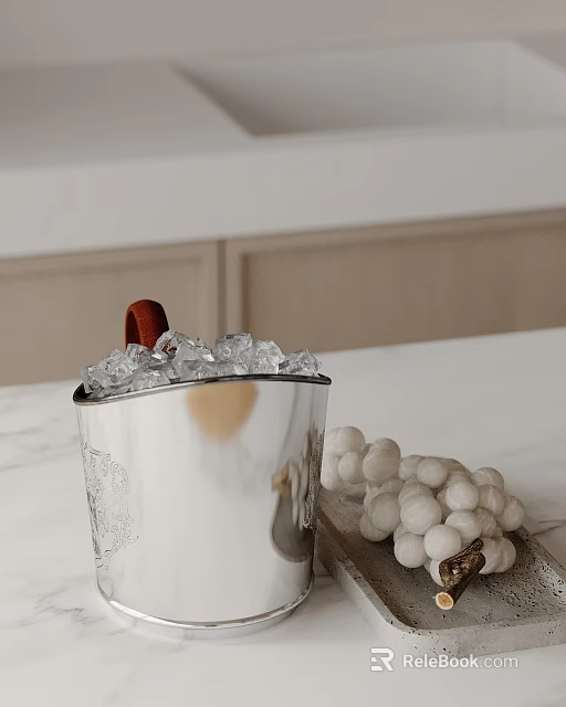 Decorative Ornament Combination with Silver Ice Bucket Ice Cubes and White Balls on Marble Countertop 3d model 