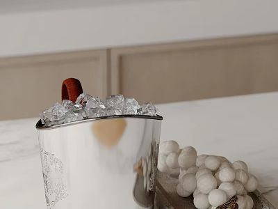 Decorative Ornament Combination with Silver Ice Bucket Ice Cubes and White Balls on Marble Countertop 3d model