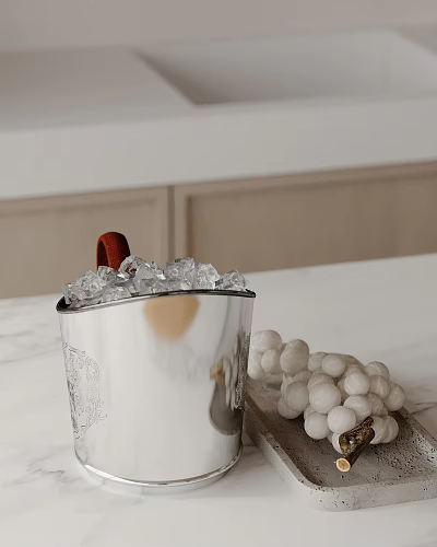 Decorative Ornament Combination with Silver Ice Bucket Ice Cubes and White Balls on Marble Countertop 3d model