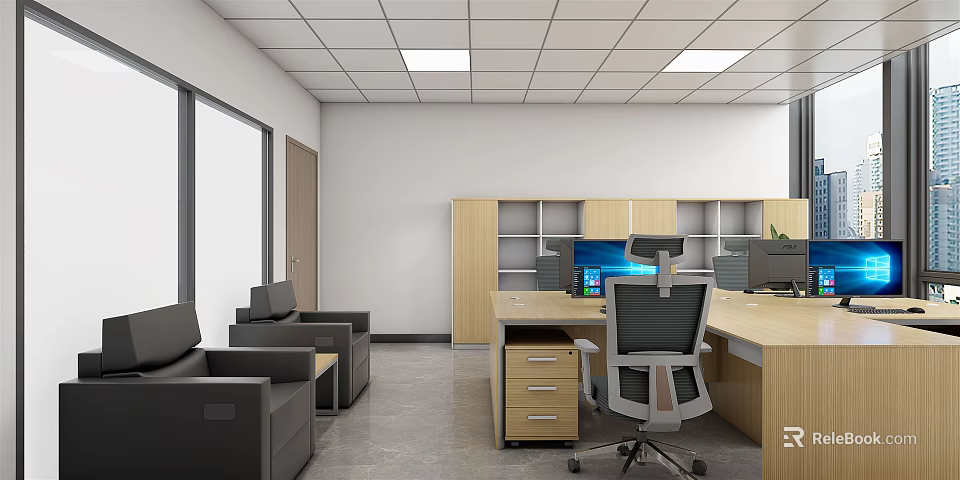 Modern Public Office Space With Open Layout Desks Computers Sofas And Storage Cabinets 3d model