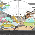 Cartoon Themed Shopping Mall Store with Shelves Merchandise and Character Display Areas