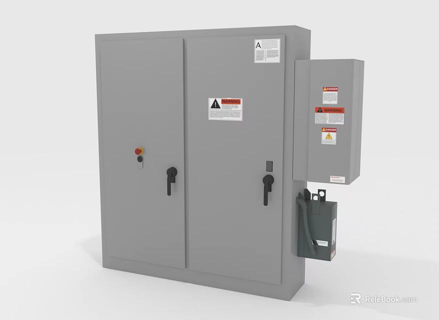 Household Electrical Control Cabinet With Gray Double Doors Warning Labels And Attached Unit 3d model 
